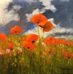 'I Love Poppies'. 16 x 16" Oil on box canvas with painted edge.